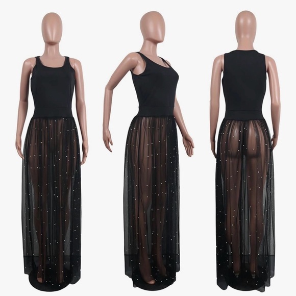 Elegant Black tank with attached Sheer Skirt with White pearl details - Picture 2 of 6